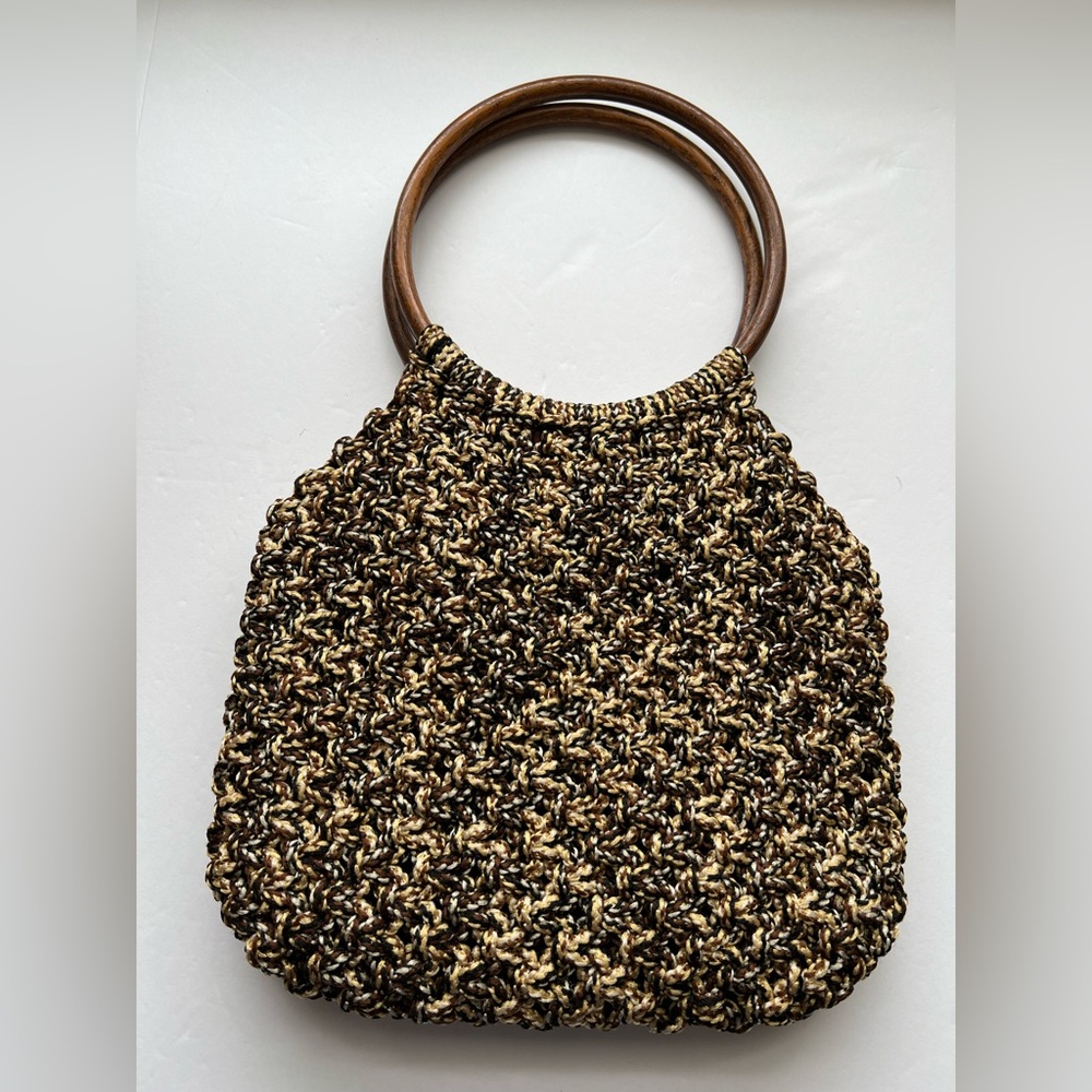 Vintage Macramé, Crochet/Woven, Wood, Double Handle, Beige, Top Handle Bag